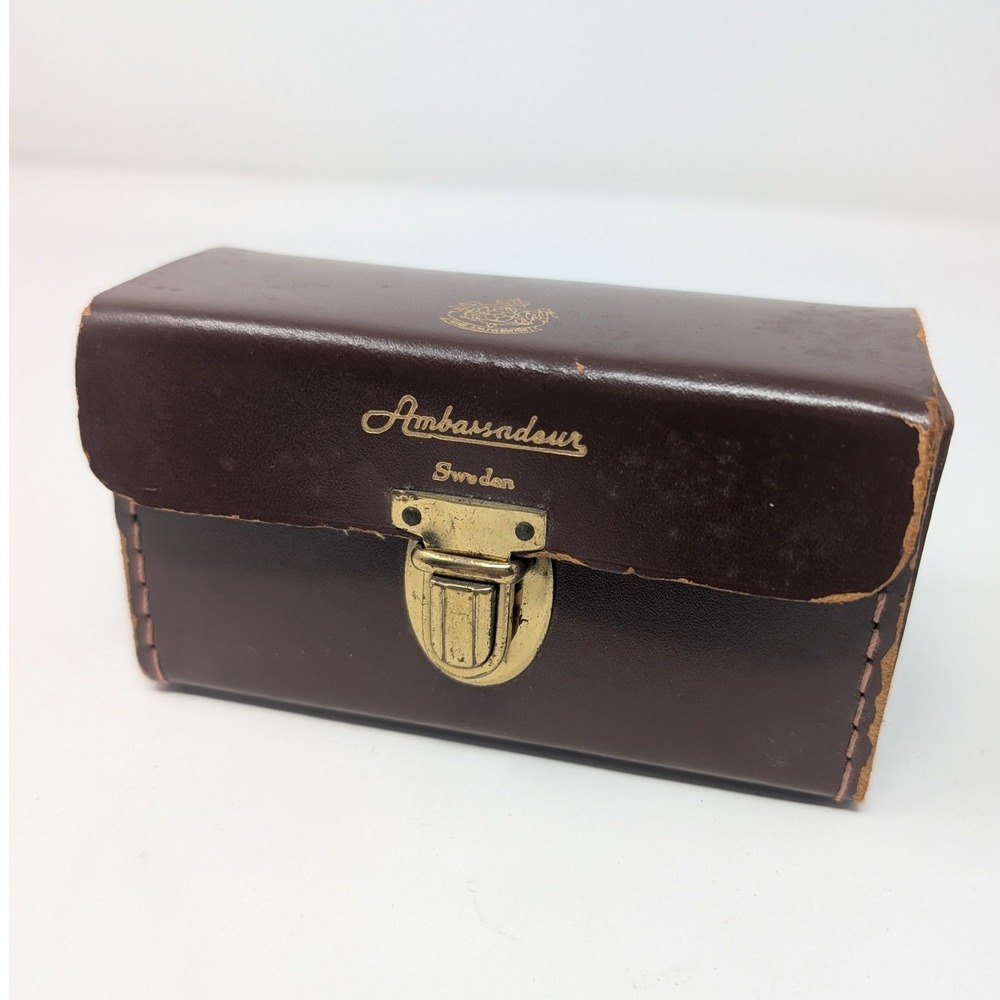 Vintage Ambassadeur Sweden Brown Leather Fishing Reel Pouch Case Brass Latch